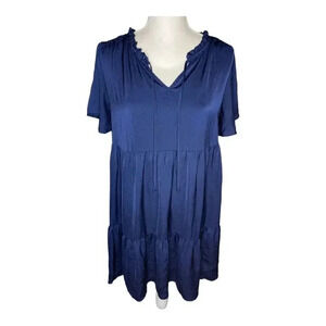 Nicole Miller Women's Medium Navy Blue Tiered Relaxed V-Neck Short Sleeved Dress